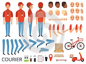 Pizza delivery animation. Fast food courier body parts with professional items box bike vector character creation kit