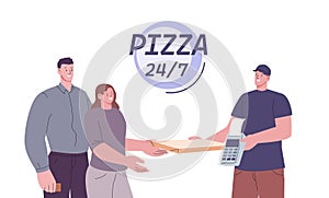 Pizza delivery around clock. Yummy fast food for young happy couple, online or card payment. Vector courier and