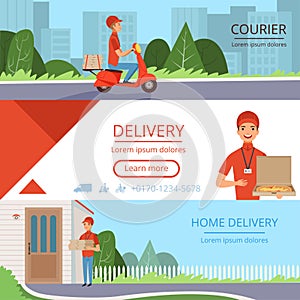 Pizza delivery banners. Fast food courier order moving mail shipping containers industry horizontal vector pictures for