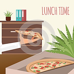 Pizza in Delivery Box at Office Workplace Banner