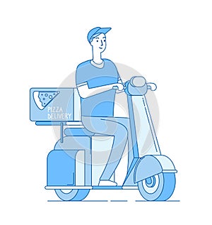 Pizza delivery. Boy riding motorbike, scooter delivers pizza away. Food free home delivering service line vector concept