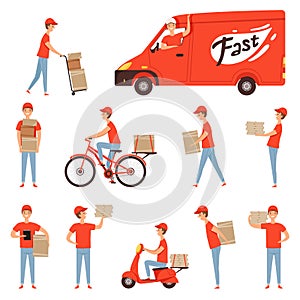 Pizza delivery characters. Van and motorcycle or moped for delivery man fast business service restaurant transport