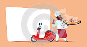 Pizza Delivery Concept African American Chef Cook Hold Box With Hot Dish Standing At Red Motor Bike Template Banner With