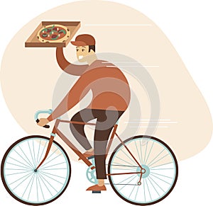 Pizza delivery concept. Courier boy riding bicycle with pizza box. co friendly delivery