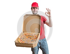 Pizza delivery concept. Young man is carrying boxes with tasty pizza.