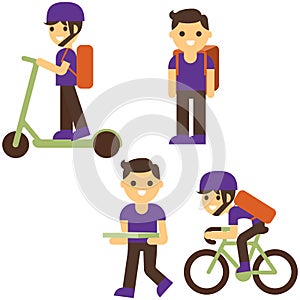 Pizza delivery flat vector illustration. Boy cartoon character. Delivery on scooter, bicycle, carrying box with food