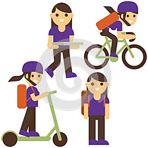 Pizza delivery flat vector illustration. Girl cartoon character. Delivery on scooter, bicycle, carrying box with food