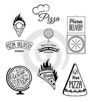 Pizza delivery. The food and service. Set of Typographic Badges Design Elements, Designers Toolkit.
