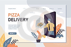 Pizza delivery landing page template. Order italian food from restaurant or pizzeria. Mobile app and deliveryman with pizza