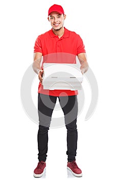 Pizza delivery latin man boy order delivering bringing full body portrait deliver box isolated on white