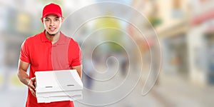 Pizza delivery latin man boy order delivering job deliver box young town banner copyspace copy space