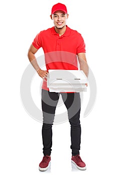 Pizza delivery latin man boy order delivering job full body portrait deliver box young isolated on white