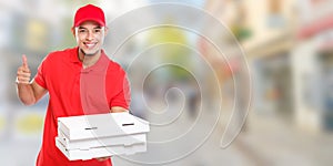 Pizza delivery man boy order delivering job deliver success successful smiling town banner copyspace copy space