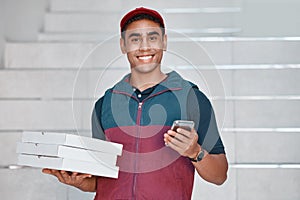 Pizza delivery, man for fast food or phone network mobile app, box or ecommerce sale with smile. Driver, delivery or