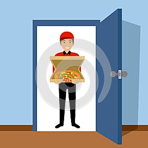 Pizza delivery man holding pizza box on doorway. Food online delivery service to customer home. Pizza boy bring order to buyer.