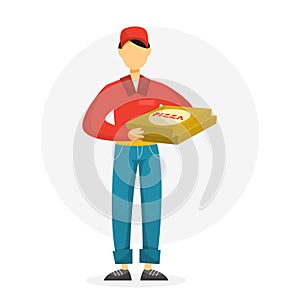 Pizza delivery man holding pizza box. Male character