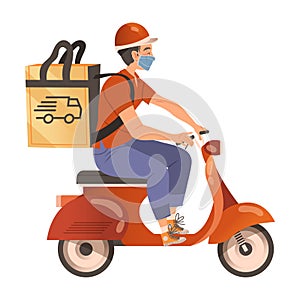 Pizza delivery man riding scooter wearing protective mask. Courier delivering boxes during pandemic vector illustration
