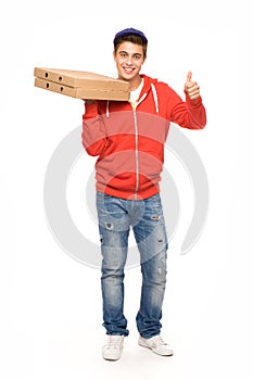 Pizza delivery man showing thumbs up