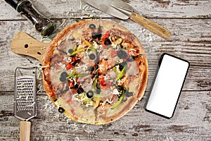 Pizza delivery online preparation mobile phone mockup.