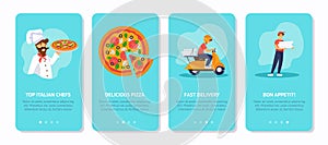 Pizza delivery service concept onboarding screens template. Cook, pizza, scooter, deliveryman.