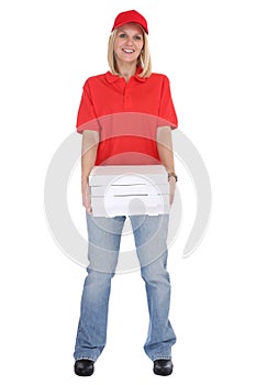 Pizza delivery woman order delivering job young full body isolated photo