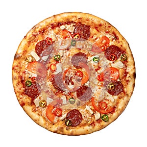 Pizza Diablo and pepperoni and hot chili peppers isolated on a white background top view