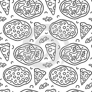 Pizza doodle pattern, linear hand drawn art good for wrapping paper, tasty italian pizza with mozzarella and sausage