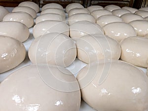 Pizza dough balls at pizzeria waiting to be transformed into a pizza by a chef cook in the oven background image