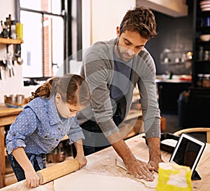 Pizza, dough and father with child in kitchen and tablet with recipe, guide and learning from online tutorial. Cooking