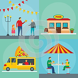 Pizza festival food banner concept set, flat style