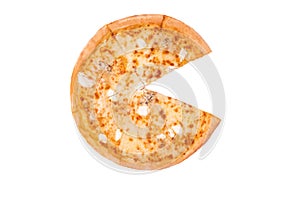 Pizza five cheese slices without a slice, isolated, top view