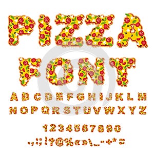 Pizza font. Letters dough. Food Alphabet. Fast food ABC. Italian