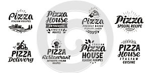 Pizza, food set icons. Collection lettering, labels for menu design restaurant or cafe