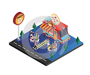 Pizza Food Truck Isometric Artwork of a family enjoying Pizza