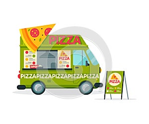 Pizza Food Truck, Street Meal Vehicle, Fast Food Delivery Vector Illustration