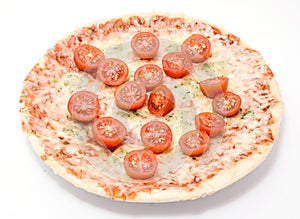 Pizza four cheeses with cherry tomatoes close up isolated