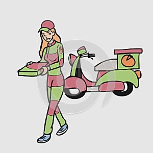 Pizza girl and motocycle