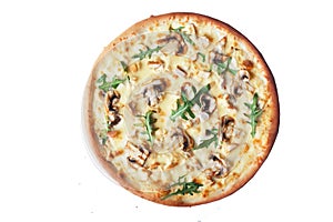 Pizza with grilled mushrooms and arugula, top view, on white background for menu