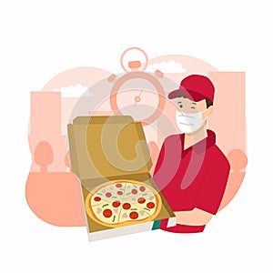 Pizza guy delivery express. Man holding a pizza box. Corona virus pandemic delivery service. Food service application design.