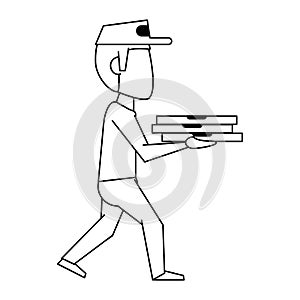 Pizza guy with delivery on hands in black and white