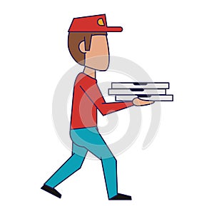 Pizza guy with delivery on hands blue lines