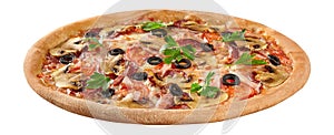 Pizza with ham, bacon, salami, mushrooms, tomatoes and olives isolated on white