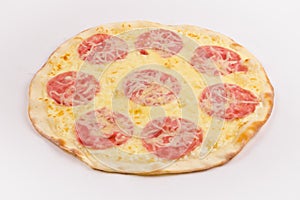 Pizza with ham and cheese on a white background.