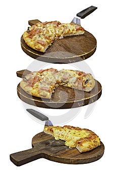 Pizza with ham and cheese on the wooden tray is placed on a white background