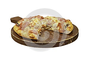 Pizza with ham and cheese on the wooden tray is placed on a white background with clipping path