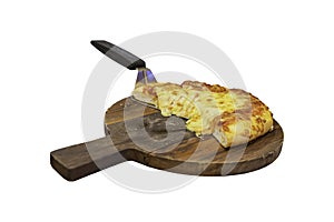 Pizza with ham and cheese on the wooden tray is placed on a white background with clipping path