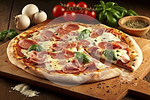 Pizza with ham, mozzarella and basil on wooden table