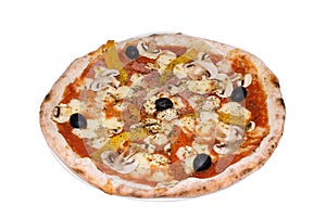 Pizza with ham, mozzarella, peppers, mushrooms