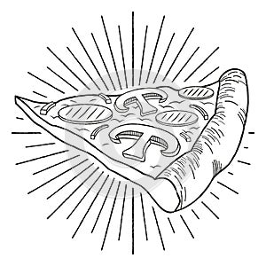 Pizza ham, mushroom - black and white illustration/ drawing