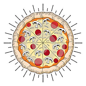 Pizza ham, mushroom - illustration/ clipart